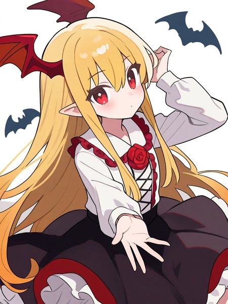 1girl, vampy, solo, blonde hair, long hair, red eyes, skirt, pointy ears, shirt, head wings, white shirt, black skirt, looking at viewer, sitting, wings, red flower, long sleeves, frills, bangs, collared shirt, frilled skirt, arm up, red rose, blush, bat wings, closed mouth, rose, hair between eyes, flower, red wings, very long hair, white background, petticoat, vampire, simple background, blue background, sidelocks, cross-laced clothes, frilled shirt collar, cowboy shot, expressionless, outstretched arm,,<lora:yitiaocudai>, masterpiece, best quality, very aesthetic, absurdres