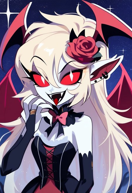 HCSV1,
1girl, solo, portrait, bangs, sidelocks, smile, fangs, earrings, jewelry, blonde hair, long hair, red eyes, hair between eyes, open mouth, pointy ears, head wings, bat wings, rose, starry sky, night sky, flower, vampire, demon girl, wings, bright pupils, demon wings, white pupils, red wings, pink rose, looking at viewer, eyebrows visible through hair, bow, pink bow, claw pose, tongue, piercing, sparkle, ear piercing, bridal gauntlets, bat hair ornament, vampire costume, hand up
