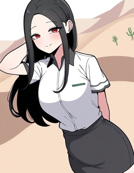 masterpiece, best quality, newest, absurdres, highres, safe,, <lora:yoo-jae-kyung-manhwa-illustriousxl-lora-nochekaiser:1>, yoo jae-kyung, long hair, large breasts, black hair, red eyes, forehead,, skirt, shirt, white shirt, short sleeves, collared shirt, black skirt, pencil skirt, office lady,, desert, sand, dunes, cacti, heat, smile, hands behind head, looking at viewer, solo,, cowboy shot, solo