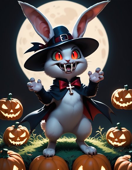score_9, score_8_up, score_7_up, the cutest little (vampire:1.6) bunny rabbits, big fangs, grass, full moon, grave black hat, pumpkin, cross, black background, plain background