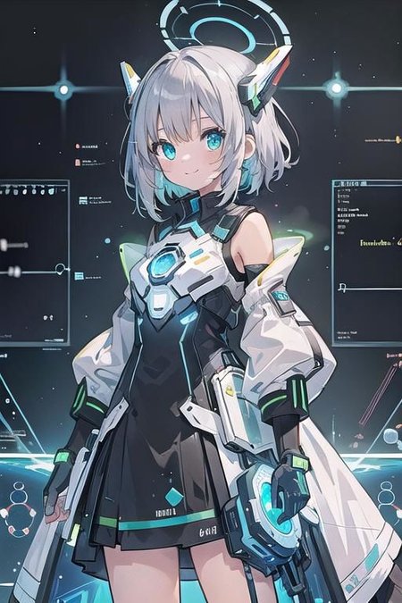 (masterpiece), (science fiction:1.4), 1girl, standing, smile, silver hair, aqua eyes, headgear, long sleeves, detached sleeves, glowing energy clothing, light particles