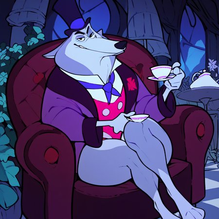 score_9, score_8_up, score_8, furry, William, wolf, grey fur, cartoon style, 2d, skinny male, thick thighs, wide hips, purple suit, top hat, sitting in armchair, holding teacup, legs crossed, looking at viewer, smirk, bedroom eyes, one eyebrow raised, inside, mansion