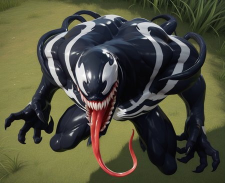 absurdres, highres, 3d, <venom <lora:venom_ILLUS-000007:0.7>, vm1, monster, long tongue, facing viewer, teeth, looking at viewer, from above, dutch angle, outdoors, grass, clenched teeth, sharp fingernails,