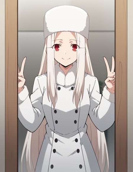 score_9, score_8_up, score_7_up, source_anime, <lora:irisviel-von-einzbern-zero-anime-ponyxl-lora-nochekaiser:1>, irisviel von einzbern, long hair, red eyes, white hair, parted bangs, hair intakes,, hat, coat, fur trim, white headwear, white coat, winter clothes, fur hat, winter coat,, fitting room, mirror, clothes, privacy, store, smile, v, v over eyes,, looking at viewer, solo,, dutch angle, cowboy shot