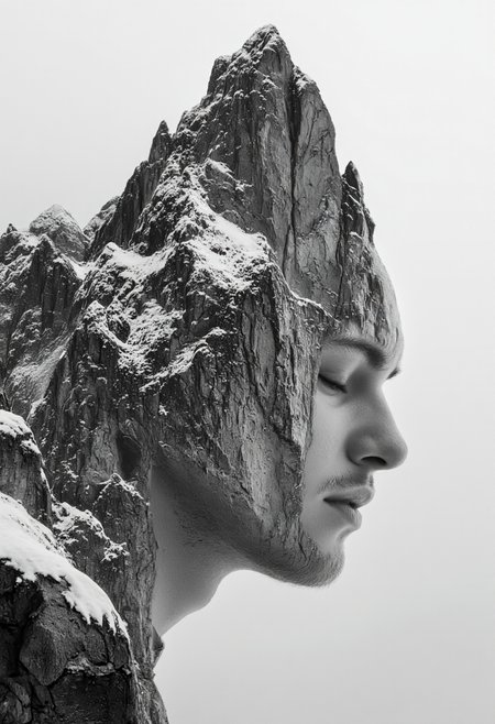 A surreal black-and-white digital artwork blending a human face with a rugged mountain peak, where the upper portion of the head seamlessly transforms into jagged, snow-covered rock formations, creating a dreamlike fusion of nature and identity, with soft lighting and a misty atmosphere enhancing the ethereal mood, highly detailed, 4K resolution.,aidmaimageupgrader, aidmaMJ6.1 <lora:aidmaImageUprader-FLUX-v0.3:0.4> <lora:aidmaMJ6.1-FLUX-v0.5:0.7>