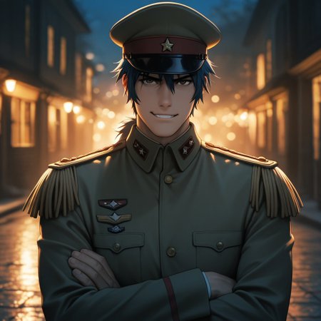 masterpiece, best quality, amazing quality, absurdres, newest, detailed background, definition so sharp, Ultra-HD, 8K cinematic, very awa, impressionate, amazing quality, highres, 
solo, male focus, manly, mature male, bara, bokeh, night, warm light, blurry background, outdoor, 
1boy, short hair, tied hair, low tied hair, lieutenant_pretime, lieutenant_blue hair, lieutenant_brown eyes, daikakukokujouji, military uniform, hat, coat, spaulettes, serious face, smirk, grin, crossed arms, looking at viewer