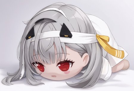safe_pos, modernia1st, red eyes, grey hair, long hair, bangs, yellow hair ribbon, hair ornament, bandaged head, white shirt, naked shirt, off shoulder, bottomless, haunted bean plushie, love hotel. open mouth