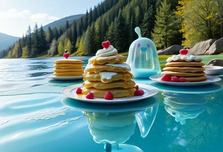 {foodphoto, a stack of pancakes made out of slime, (slime pancakes:1.5), slime syrup, pancakes covered in syrup, a swirl of whipped topping on top of a stack of pancakes, (slime whipped cream:1.5), (tan slime pancakes:1.5), (white slime topping:1.5)}, 
plate made of slime, table made of slime,
natural light, no bright spots, 
((translucent slime)), ((transparent slime)), made of water, (bioluminescent slime), sl1m3d, slime, slime-morph, ais-blmn, saturated colors, no creatures, no humans, no monsters, no pokemon, scenery only, scenery, no slime creatures,