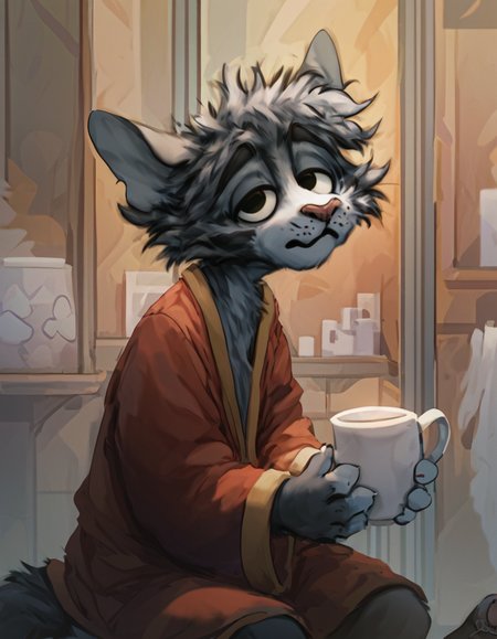 source_furry, 
Furry male cat, white and grey fur, wearing red bath robe, tired, drowsy eyes, just woke up, messy hair, holding a cup of coffee, white mug, tail, paws,
 <lora:Jacato_-_Art_Style:1> Jacato <lora:Jacato_Style_Pony:0.8>, score_9, score_8_up, score_7_up, score_6_up, score_5_up,