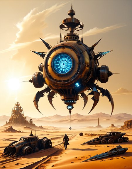 A surreal, post-apocalyptic painting in the style of JarosÅaw Jasnikowski, depicting the remnants of humanity fully transformed into biomechanical cyborgs wandering across an endless desert. The figures are tall and thin, with elongated limbs made of polished brass, steel cables, and exposed clockwork mechanisms. Their faces are partially human, partially machineâsome with glowing eyes, others with metal masks or glass domes revealing complex gears within. Each cyborg carries strange mechanical devices or wears baroque, steampunk-inspired armor. The desert landscape is vast and cracked, with rusted machine parts half-buried in the sand and fragments of broken technology scattered across the ground. In the distance, colossal, decaying machines lie abandonedâhalf-sunken cities, metallic towers bent by time, and airships grounded and torn apart. The sky is hazy and ochre-colored, with two suns casting long, warped shadows. The atmosphere is haunting and symbolic, evoking themes of lost humanity, time, and industrial decay. Rich textures, dark golden tones, and impossible architecture complete the surreal and philosophical ambiance typical of Jasnikowskiâs work.<lora:SDXLFaeTastic2400:0.4> <lora:extremely_detailed:0.4> extremely detailed, <lora:JarosÅaw_J4sn1k0wsk1_r1:1>,JarosÅaw J4sn1k0wsk1, Masterpiece,best quality,hi res,8k,hi res,8k,award winning,(sharp focus, intricate, highly detailed),