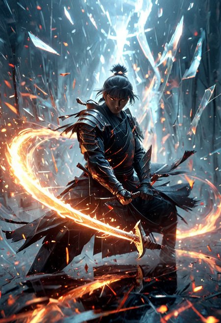 1man, Samurai, Incoming sword, broken glass, reflection, slash, shatter, fire element, holding sword, glowing sword, motion blur, emphasis line, outdoor in the darkness, looking viewer, text, "Z",