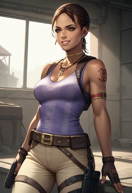 Expressiveh, score_9, score_8_up, score_7_up, <lora:RE5Sheva:0.8>, RE5Sheva, Sheva Alomar, dark skin, dark skinned, left shoulder tattoo, Shujaa tattoo, red tattoo, 1girl, solo, smirk, expressive eyes, brown eyes, black hair, ponytail, form-fitting purple singlet, beige pants, knee-high boots, tactical belt, pistol holster, fingerless gloves, traditional african jewelry,, (sexy pose),, (indoors, abandoned building, dirty room, dynamic lighting)