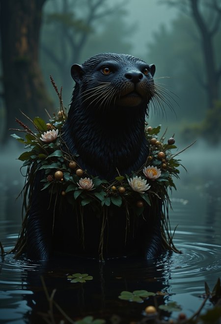 Skipper the Otter: A robust otter with a dark, sleek coat, wearing a garland of water lilies and reeds. He is shown emerging from a misty lake, droplets of water reflecting the eerie twilight, creating a mystical ambiance.
, live action, in the style of an old 80's VHS dark fantasy, VHS screen grab, grainy, old footage, in the style of an old 80's VHS dark fantasy, VHS screen grab, grainy, old footage