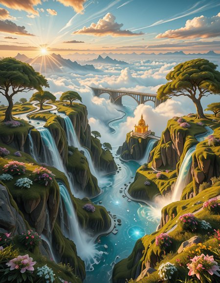 A mesmerizing celestial background featuring an otherworldly paradise. Towering crystalline mountains with peaks that glow softly under a sky painted in shifting hues of iridescent blues, pinks, and golds. Rivers of liquid light flow through vast, open meadows filled with luminescent flowers that pulse with a gentle glow. Gigantic, translucent trees with silver leaves sway in a breeze that carries floating particles of golden dust. Suspended bridges made of shimmering energy connect ancient, floating monoliths engraved with intricate celestial patterns. In the distance, an enormous radiant waterfall cascades into a bottomless, mist-covered abyss, reflecting the surrounding ethereal glow. A tranquil atmosphere, untouched and divine, filled with an overwhelming sense of wonder and serenity.
<lora:SDXLFaeTastic2400:0.4> <lora:extremely_detailed:0.4> extremely detailed,heavenly l4ndsc4p3, <lora:heavenly_l4ndsc4p3-i:1>, Masterpiece,best quality,hi res,8k,hi res,8k,award winning,(sharp focus, intricate, highly detailed),