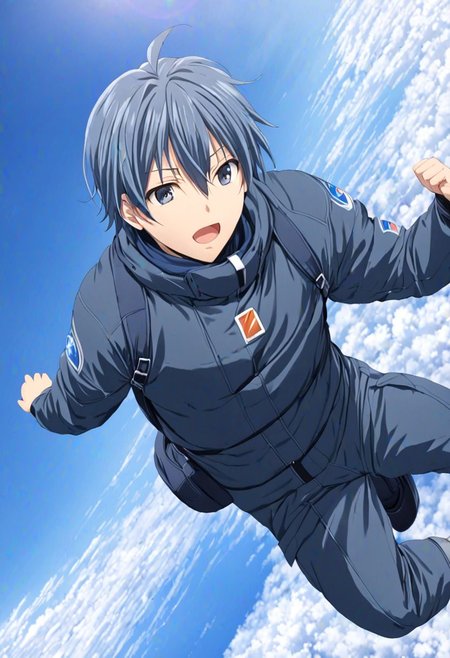 high resolution, solo, best quality, 1Boy, Tomoya Okazaki, Grey Blue Hair, free fall, sky , OverallDetail