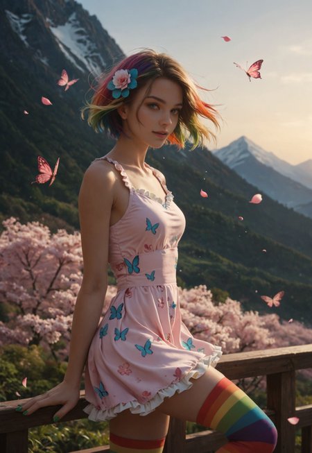 score_9_up, score_8_up, score_7_up, score_6_up, 1girl, 25 years old, perfect face, sexy, (adult),
blue eyes, 
rainbow hair, short hair, bob cut, butterfly hair ornament, hair flower, floating hair,