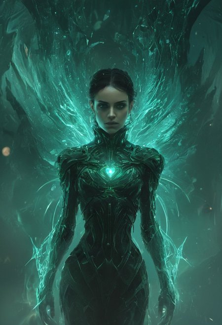commanding attention with her piercing gaze and knowing smirk. Her attire blends Artfully rendered poster showcasing a captivating fusion of cyberpunk and western aesthetics, centered on  striking features, bold costume, and unconventional weaponry create a dynamic, 
Deep within the heart of a fantastical, otherworldly landscape, a mesmerizing crystalline formation rises from the ground, its emerald-hued facets shimmering with an unearthly luminescence. This captivating crystal appears to be more than a mere gemstone - it pulses with a subtle, ethereal energy, as if containing a hidden, mystical power within its depths.
As the viewer approaches, they are drawn in by the hypnotic swirling of ethereal wisps and tendrils that seem to dance and writhe within the crystal’s interior. These ethereal forms, akin to restless souls or spirits, undulate and flow, creating a captivating, almost hypnotic visual effect. The crystal’s surface reflects these flickering movements, creating the illusion of a gateway or portal into a realm beyond the physical world.
The scene evokes a sense of wonder and mystery, hinting at the crystal’s potential as a conduit to the spiritual or metaphysical realms. Its verdant hues and otherworldly glow suggest a deep, primal connection to the natural world, while the ethereal souls within allude to a higher plane of existence, accessible through this enchanted crystalline structure.
emeraldmorph