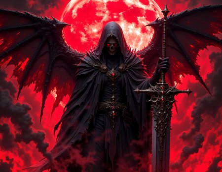 A gloomy image of a cloaked and hooded angel of death amidst swirling smoke. His dark skull face hidden in shadow. holding his large sword, its blade gleaming in the red light, against a full glowing red moon, light rays, atmospheric lighting, NMhorror
