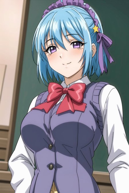 Kurumu, 1girl, solo, breasts, looking_at_viewer, smile, short_hair, large_breasts, bow, school_uniform, blue_hair, purple_eyes, upper_body, hairband, bowtie, sweater_vest