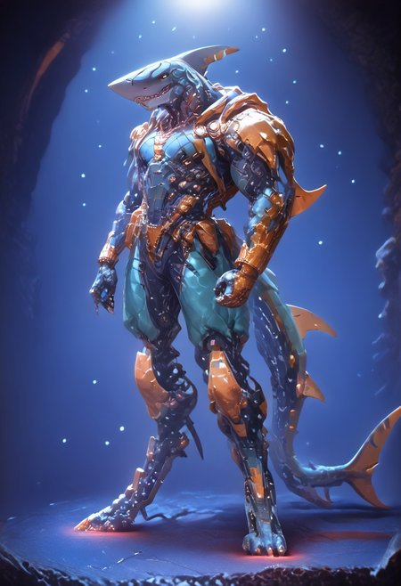 fallen empire technology , blank metallic face((( robot)))(stunning, magnificent, HD, photorealistic, dramatic lighting, intricate details, armor beautiful patterns, realistic , mythical, legendary, powerful, cinematic,, masterpiece, perfect anatomy, perfect composition, perfect hand, (beautiful detailed eyes:1.2), (soft colors)) , glowing red core right on chest armor, armor highly detailed patterns on armor), torn cloak , full body fits into the image, full body visible, ), claws, gauntlet, digital illustration of a futuristic, armored humanoid figure. The subject is dressed in a highly detailed, dark, and bulky exosuit with intricate mechanical components and white accents. The suit features various textures and layers, including a cloak-like garment with angular, geometric shapes.((dead space)))futurenijiimadness, mass effect game, science fiction, lens flare, slightly long neck, big cables on body, robot, big cables on body<lora:ECHANIS:0.8>digitigrade, (anthro male shark:1.2), shark_male, shark, detailed scales,