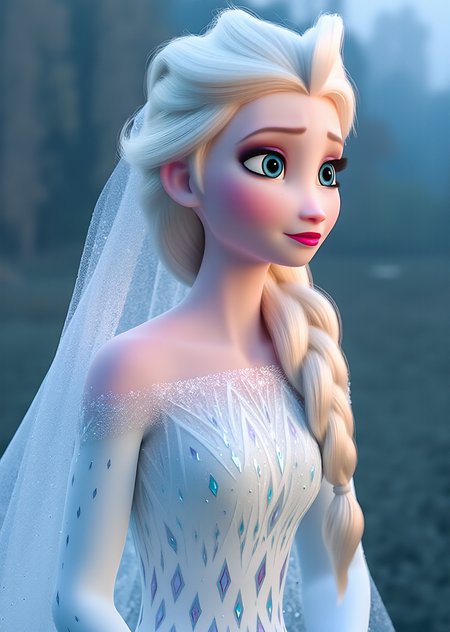 masterpiece,4k studio photo quality, inematic lighting,clear photo,upper body,portrait,outdoor,blushing,ultra detail skin,single braid,elsa \(frozen\), elsa's erotic pose, open eyes,shy, Veil,Wedding Dress,view from font, <lora:Elsa-Flux:0.9>ï¼