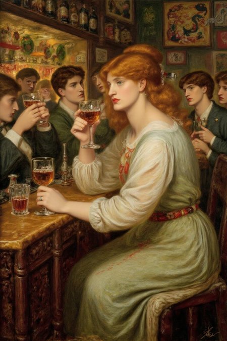 dgr painting.
The air buzzes with the energy of a busy 19th century Victorian Tavern, a mix of music, conversation, and the clinking of glasses. A barmaid, the embodiment of youthful vibrancy, navigates the lively scene.  The setting and atmosphere are palpable: the warm, slightly sticky surface of the bar counter under her fingertips, the dim, colourful lighting that casts playful shadows. Sensory details are abundant: the condensation forming on the glass of wine, the texture of her dress.
  <lora:dgr1_cap_d6a3e8:1.0><lora:819489905072724533:0>