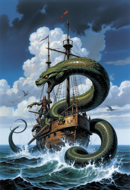 Comic book style 8k high quality digital painting , masterpiece, very detailed, ultra realistic, (best quality) very detailed epic masterpiece, a sailing ship on a stormy ocean is being attacked by a giant sea snake emerging from the water, winding around the ship, big waves, dramatic sky, action, scary, best quality, epic scene,  Dungeons and dragons atmosphere, heroic fantasy, fna_style, Comic book style