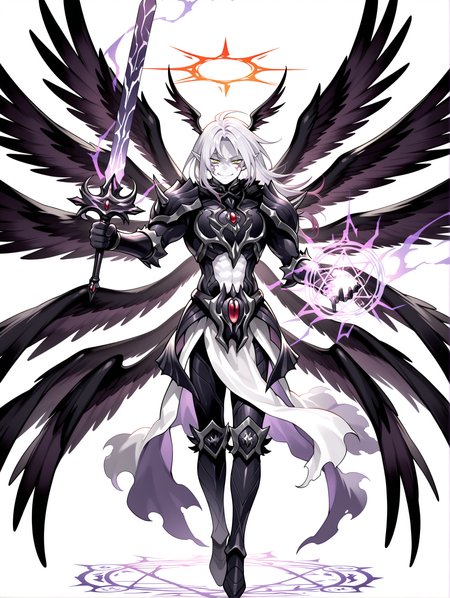 1boy,the first darklord,purple sword,male focus,red halo,solo,holding purple sword,white skin,angel,spikes,black head wings,facial tattoo,full body,black angel wings,black armor,black armored boots,black breastplate,black pauldrons,black vambraces,white pelvic curtain,multiple wings,evil smile, magic circle, 
masterpiece,best quality,amazing quality,very aesthetic,absurdres,newest,<lora:The first DarkLord illusXL v1:0.77>,<lora:wai-2Rectified-V140:0.7>,