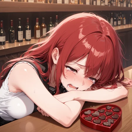 masterpiece, best quality, amazing quality,1girl, bar, (sad:1.3),streaming tears,  (crying:1.3), leaning on table, heart-shaped chocolate,screaming