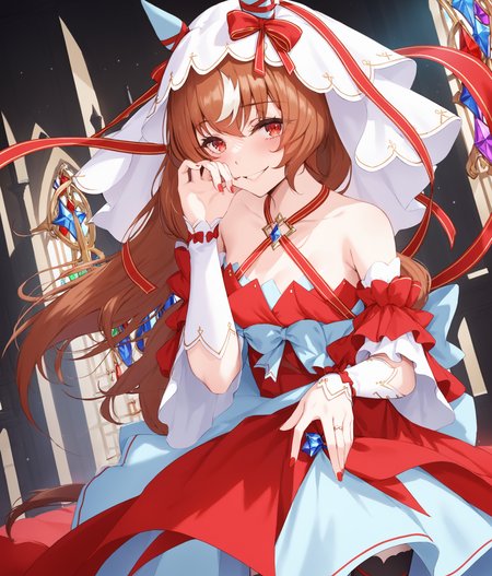 score_9, score_8_up, score_7_up, source_anime, 2D, anime BREAK
masterpiece, highly_detailed, highres, 
church, dark, night, 
(red nail:0.75), Show Fingers, five fingers, 
shobofuku, <lora:StillinLove_v1-ponyXL:0.8>, 
1girl, 17 years old, mature, tall, solo, red eyes, bare shoulders, small breasts, horse ears, horse tail, yandere, yandere trance, 
bangs, eyebrows visible through hair, long brown hair, streaked hair, hair between eyes, hair scrunchie, veil, 
criss-cross halter, red dress, detached sleeves, black thighhighs, 
dress bow, ribbon, bow, red bow, jewelry, 
smile, blush,