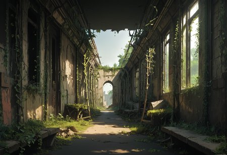 ,ruanyi0777,moss,vines,overgrown,tree,ruins,broken window,outdoors,cityscape,sidewalk,<lora:0777 no one world_v1_pony:1>, score_9,score_8_up,score_7_up,,8k,1girl,solo,