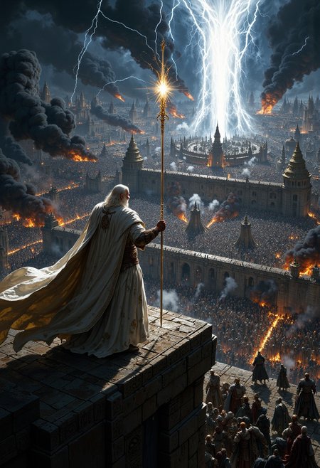 An epic and breathtaking scene of Gandalf the White, captured in the heat of battle during the Siege of Minas Tirith. He stands fearlessly on the city’s battlements, his resplendent white robes and flowing cloak billowing in the wind. His gleaming white staff radiates a blinding light, cutting through the darkness of the battlefield below. His silver hair and beard flow like a mane, and his piercing eyes blaze with a fierce, unyielding determination. Around him, the chaos of battle unfolds—Orcs swarm the city walls, catapults hurl flaming projectiles, and the dark sky is split by bolts of lightning.
Gandalf’s stance is powerful and commanding; he raises his staff high, emitting a radiant light that repels the shadows of Mordor and ignites hope in the hearts of the soldiers fighting below. The city’s iconic white towers and stone walls stand in stark contrast against the smoky, war-torn landscape. The lighting is dramatic, with shafts of bright, divine light piercing the gloom, illuminating Gandalf as a beacon of hope and defiance. The scene captures the climactic struggle between light and darkness, highlighting Gandalf’s heroism and unwavering resolve in the face of overwhelming odds, embodying the very spirit of a legendary wizard leading the charge against evil.