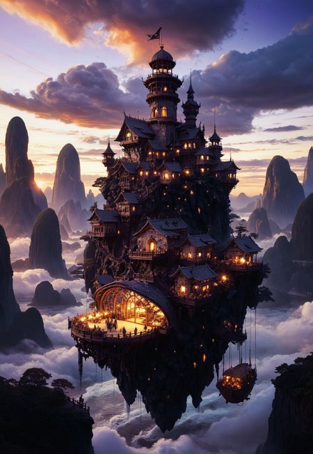 skies of arcadia,best quality, masterpiece, extremely detailed,  professional  art,  professional painting, intricate detail, dynamic composition,  back lighting, perfect shading, professional shading, bokeh, cool fill light, formidable, impenetrable, highly detailed,   far shot, giant floating island in the sky, onyx black castle, a peasant town surrounds it, lots of different dwellings, steampunk fantasy, sunset, purple clouds, lava falls, floating, cityscape, island