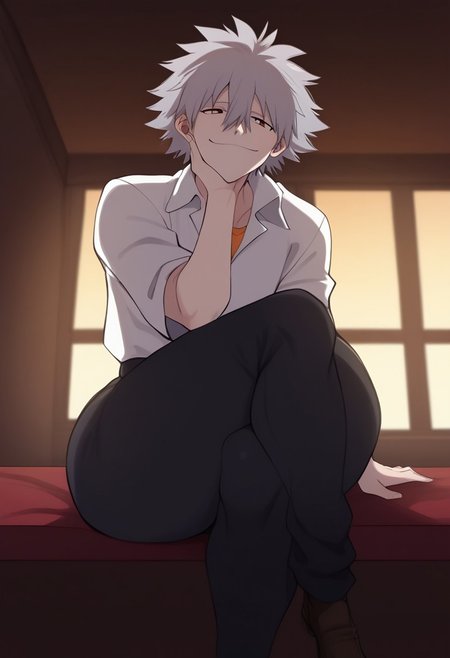 score_9, score_8_up, score_7_up, 1boy, smquanxi, masterpiece, perfect face,
nagisa_kaworu, grey hair, hair between eyes, red eyes, white dress shirt, orange under shirt, tucked dress shirt, black jeans, undone belt, skin tight pants, thick male, (covered butt), thick thighs, half-closed eyes, looking at off-screen character, emotionless smile, completely focused on off-screen character, natural lighting, sitting, sitting on window, indoors, bedroom, ((from below, from side,)) Expressiveh, Expressiveh,yamathegod style, (...), arm over knee, casual sitting position, zero shame, zero shame at all,