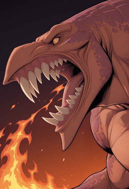 masterpiece,best quality,amazing quality, 1boy, solo, r0gn4rr, reptile boy, no pupils, colored sclera, roaring, angry, attack, gradient background, fire, close up, side angle,