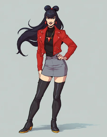 mollygau, 1girl, solo, long hair, boots, jewelry, thigh boots, black turtleneck, full body, bangs, double bun, black hair, makeup, earrings, standing, looking at viewer, lipstick, red jacket, simple background, lips, nail polish, necklace ,smile, <lora:MollyGauPony1.0JLFO:1>, looking at viewer, hand on own hip, cowboy shot,, score_9, score_8_up, score_7_up, score_6_up, score_5_up, score_4_up