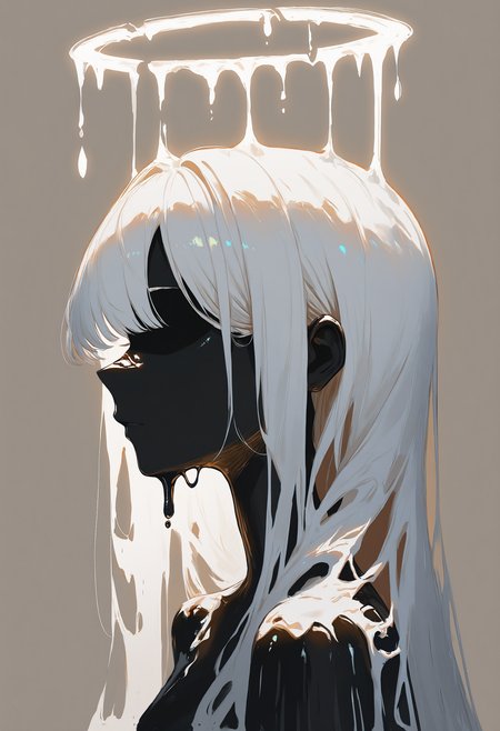 1girl, general,

long hair, halo, white halo, glowing halo, melting halo,

faceless, black skin,

white theme, light brown background,

from side, portrait,

best quality, very awa, highres, newest