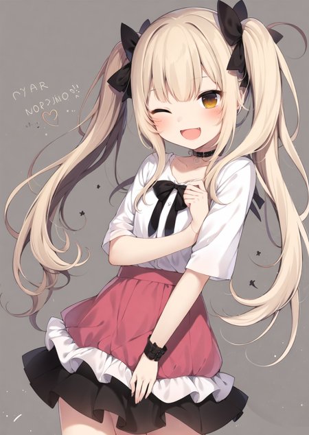1girl, solo, one eye closed, twintails, open mouth, long hair, ;d, smile, brown eyes, blonde hair, skirt, looking at viewer, hair ribbon, hair ornament, ribbon, bow, choker, heart, blush

<lora:amaki_natsuki-loha-v1.0:0.7>, (masterpiece,best quality)