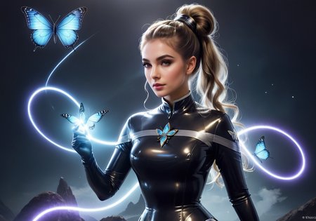 Surrealist art <lora:FF-Latex.ID-XL-011.bf16:1>latex, arcane, Concept Art World, Batik, octane engine, Kodak portra, dynamic composition, wallpaper, rpg concept art, masterpiece, Magic the gathering, extremely detailed CG Unity 8k wallpaper, Embossing, award winning, Surrealism Art, Decals, contest winner, Film grain, Swirling Colorless, trending on artstation, vintage, Best quality, Retrofuturism, delicate, hyperdetailed, Light streaks, professional, slender New Zealander Captain (woman:1.3) , she is very 1800'S and Glistening, she is with a Butterfly, she is wearing her Israeli latex, The latex is Worried, It looks very [Tiki:Warlike:7] on her, she has Top knot hairstyle, League of Legends Splash Art, Unsplash, Charcoal power aura, Flickr, White and Lilac splash, extremely beautiful, Luminous trails, highly detailed, overlapping compositions, absurdres, geometric patterns, unreal engine, Ribbons, beautiful, Golden ratio, Geometric Abstract Art, sloppy strokes, trending on CGSociety, Extremely high-resolution details, photographic, realism pushed to extreme, fine texture, incredibly lifelike . Dreamlike, mysterious, provocative, symbolic, intricate, detailed