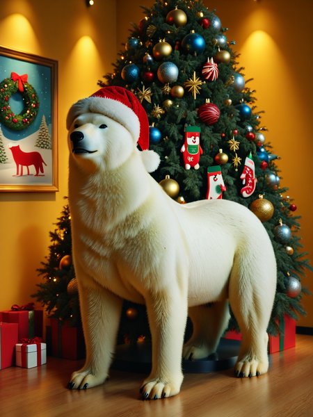 Animal Christmas, a polar bear wearing a Santa hat and a bauble garland round its neck, standing on its hind legs, is visiting an art gallery and looking at a vibrant, abstract portrait features a serene face covered in short, dynamic blue, yellow, and red brushstrokes, creating a harmonious yet intense atmosphere.
 <lora:Animal_Christmas:1>