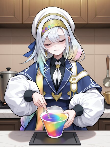 gradient_drink,gradient hair,artmegia finemelt,1girl,solo,smile,closed mouth,puffy long sleeves,white beret,gold hairband,blue capelet,white necktie,black collared shirt,blue dress,gold sash,indoors,shadow,rainbow_drink,rainbow gradient,head tilt,shaded face,cooking,looking at viewer,closed eyes,holding cup,
masterpiece,best quality,amazing quality,very aesthetic,absurdres,newest,<lora:Artmegia finemelt illusXL v1.3:0.75>,