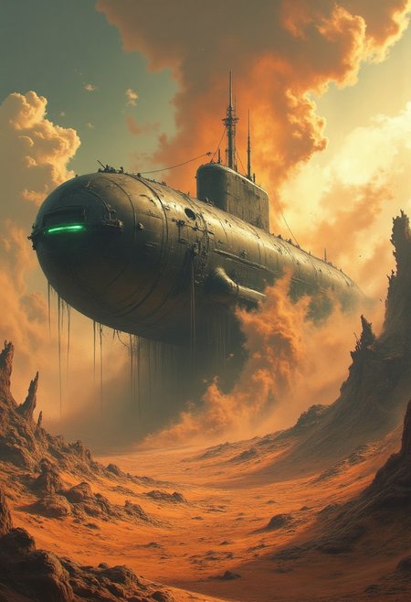 n1t3_du5t, The image is a highly detailed, digital artwork depicting a  colossal, futuristic submarine bursts through the scorched, cracked surface of an apocalyptic desert wasteland — not water, but waves of sand, dust, and shattered rock explode outward like a surreal ocean. The vessel emerges with seismic force, sending plumes of fine dust and heavy debris skyward in slow motion, lit by the burning orange of a dying sun. The submarine is both advanced and ancient — its elongated, whale-like hull forged from dark alloy and patchwork steel plates, scarred by centuries of wear, battles, and harsh elements. Rust streaks and faded warning signs cover its surface, while clusters of exposed cables and retrofitted armor give it a rugged, haunted look. Glowing portholes and corroded fins pulse with a cold, eerie light. The ground quakes as it rises, a mechanical leviathan in a sea of sand, surrounded by crumbling ruins and storm-churned skies. Cinematic lighting, high detail, volumetric dust, hyper-realistic style.