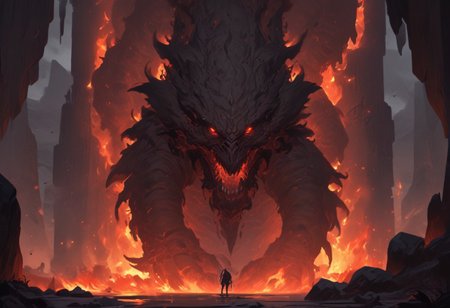 "Inside a vast, dark volcanic cave, the walls glow with the fiery red-orange light of molten lava flowing through cracks in the stone. In the center of the cave stands Shadow Fiend, Nevermore, a towering, menacing figure cloaked in darkness and shadowy flames. His glowing red eyes pierce through the gloom as he stands tall, his sharp claws outstretched, radiating an aura of dread and power. The ground beneath him is scorched, with small embers rising around his feet. He looks down the cave tunnel with a mix of impatience and malevolence, waiting for a worthy challenger to step into his domain. The scene is filled with an intense, oppressive atmosphere, with smoke and heat swirling in the air, making the cave feel like the very heart of a volcano."