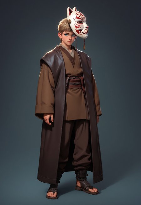 score_9,score_8_up,score_7_up,score_6_up, 1boy, young boy,(handsome, cute) solo, blue eyes, blond hair, ((fox mask on face)), standing near sci-fi chair, (muscular body:0.9)), Sci-fi backround, Sci-fi chair, jedi robe, belt, brown clothes, robe, coat, 1boy, male focus, full body, 