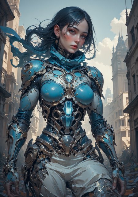 A cruel female ninja mech, covered in a full-body blue and white futuristic armor, with a heavy AWP rifle strapped to her waist. Her long, sleek dark brown hair is tied into a stylish ponytail that flows dramatically in the wind, creating a striking contrast against the devastated war-torn city in the background. A blue scarf also waves dramatically in the breeze, adding a touch of motion to the scene. The ninja's face is cold and emotionless, exuding an aura of deadly precision and subtle fear, yet with a hint of grace. The scene is captured in breathtaking 16K resolution, with digital reflex camera effects and light tracing enhancing the overall quality of this cinematic shot. The atmosphere is enhanced by chiaroscuro lighting, bringing depth and drama to the action-packed, concept-art-inspired composition. The mechâs design combines sleek mechanical elements with an artistic touch of action painting, giving it a sense of elegance and power. The entire setting is a masterwork of 3D design, with a devastated cityscape as the backdrop, illuminated by film-style lighting that emphasizes the contrast between the blue and white armor and the war-torn surroundings. The overall mood mixes feelings of danger and a subtle fear of death, balanced at 0.5, focusing more on the assassin's aura of death rather than overwhelming terror. The blue gaming gear adds a futuristic edge to her appearance, solidifying her as a deadly figure in this post-apocalyptic world.
 <lora:DarksunRIDDV3:0.6> <lora:flux_hyperkraximalism-crazy:0.6> <lora:Midjourney_-_SemiReal_Dreams_FLUX_LoRA:0.6> <lora:CPA:0.6> <lora:BLUE_mk4_angel_FLUX_01:0.6> <lora:BioInk2FLUX:0.6>