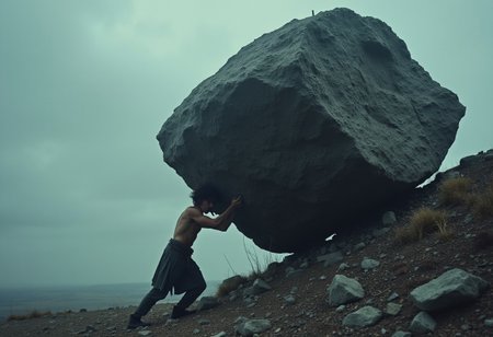 a lone figure at the base of a towering, rocky hill, pushing a massive stone upward with immense effort. The figure is weary, their muscles straining, while the stone constantly threatens to tumble back down. The landscape is bleak and barren, with a dim, overcast sky casting a cold light on the scene. The figure’s expression reflects exhaustion and despair as the weight of the stone crushes their spirit. The endless cycle of struggle is palpable, evoking a sense of hopelessness, as they face the never-ending task—a Sisyphean curse that traps them in this eternal grind. xplus,