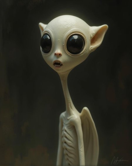 <lora:pixa_atyle-000001.safetensors:1> pixa style,champions,cute
In the heart of a dimly lit gallery, a figure stands, emanating an otherworldly aura. The creature, with its elongated neck and slender, bone-like body, exudes a gothic elegance, as if plucked from the pages of a forgotten myth. Its head, a seamless blend of humanoid and alien, is elongated and smooth, merging gracefully into its neck. This ethereal figure is sculpted with meticulous detail, each surface exuding a sense of lifelike realism.
The creature’s skin is an unblemished, pale ivory, casting a soft, almost luminescent glow in the muted light. Its large, jet-black eyes are deeply set, their size and intensity heightening the figure's enigmatic presence. These eyes, pools of darkness, seem to hold a depth of sorrow or ancient wisdom, drawing the viewer into a silent, profound dialogue. Below the eyes, a series of delicate indentations suggest nostrils, and a small mouth with sharp, pointed teeth peeks through slightly parted lips, adding a hint of menace to its serene demeanor.
The creature stands with a slight lean, its head tilted as if it has just noticed something intriguing or alarming. This pose imbues the sculpture with a dynamic quality, as though it is poised on the edge of motion or thought. The subtle interplay of light and shadow accentuates the intricate textures of its skin and the fluidity of its form, creating a soft, cinematic feel.
Set against a neutral, dark background, the figure’s spectral whiteness stands out, drawing attention to the artist’s skill in capturing depth and detail. The composition is a harmonious blend of realism and the fantastical, inviting the viewer to ponder the creature’s mysterious origins and the narrative it might reveal. The artwork, with its vivid and dimensional qualities, is a testament to the imagination and craftsmanship that brought this otherworldly being to life.