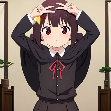 masterpiece, 1girl, komekko, black cloak, black skirt, collared shirt, red ribbon, cowboy shot, v over head