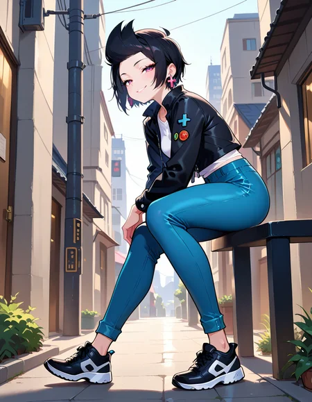 masterpiece, best quality, very aesthetic, absurdres,
outdoors, 
full body, seductive smile, long eyelashes,
<lora:BiBi_v01_NAIXL:1>,
B1B1,1girl,solo, short hair, black hair, jacket, shirt, jewelry, cross earrings, pants, open clothes,