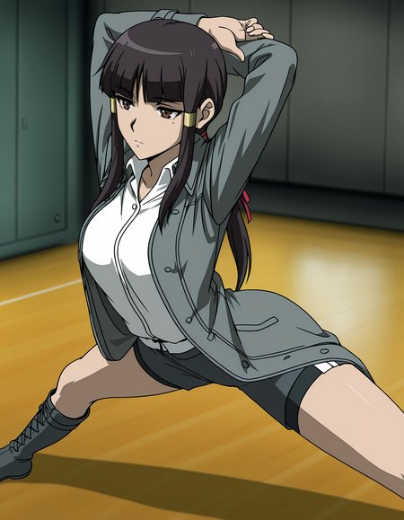 masterpiece,best quality,<lora:yfnyln2:0.8>,yoga,split,gym,stretching,arms up,arms crossed behind head,hand on arm,arched back,
yfn,solo,blunt bangs,brown eyes,black hair,hair tubes,long hair,hair ribbon,(mole:0.6),(ponytail:0.9),anime coloring,anime screenshot,coat,shorts,white shirt,knee boots,open jacket,wing collar,gray coat,